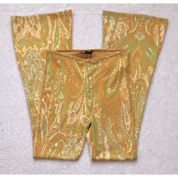 NWT Zara Yellow & Green Jacquard High Waisted Pull On Flare Pants, Size Medium - Picture 12 of 16